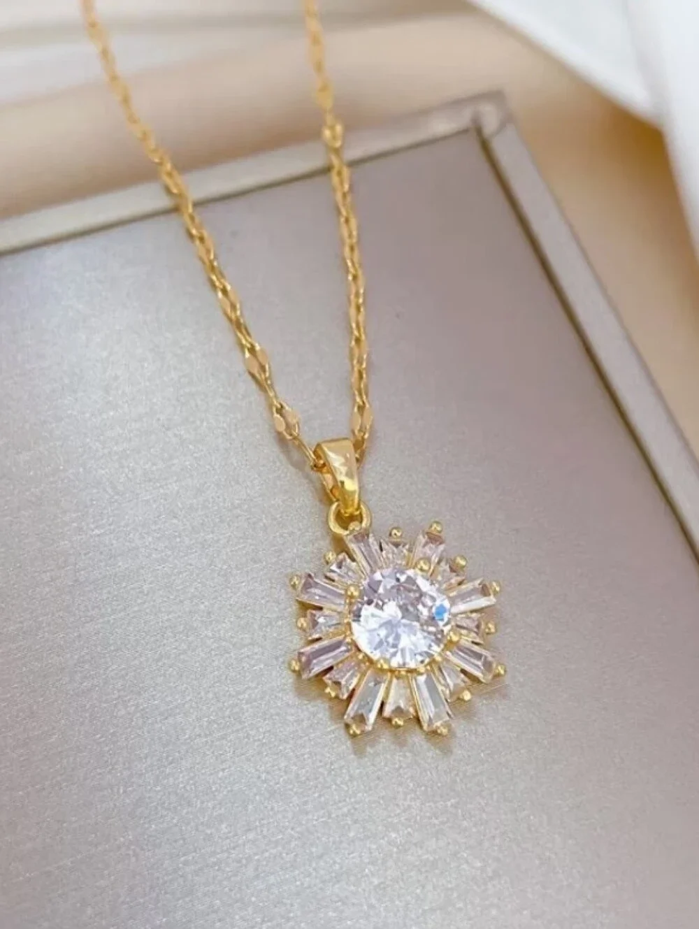 NEW! 14k Gold Plated Elegant CZ Sunburst Pendant Necklace- Women's Jewelry